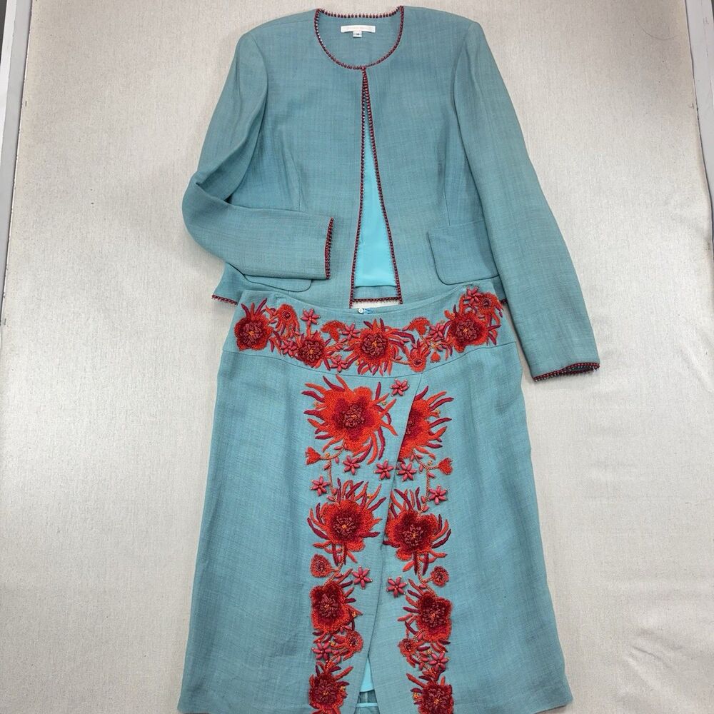 Naeem Khan Skirt Suit Set Women 14 Blue Red Floral Beaded Embroidered Linen